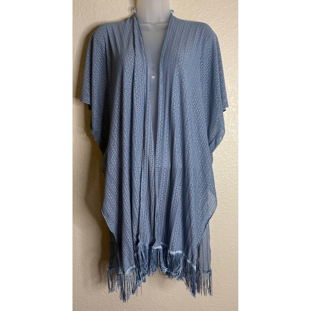 David Young‎ Womens OS Kimono Cardigan Blue Lace Fringe Boho Western Festival